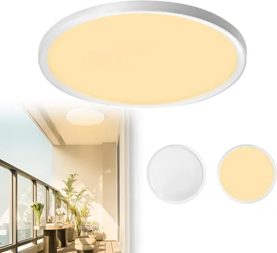 Image de LARS360, plafonnier LED rond, 48W, lumière blanche chaude. Plafonnier plat de 36,5 cm de diamètre, idéal pour la cuisine, la salle de bain, la chambre et le couloir. Plafonnier LED moderne