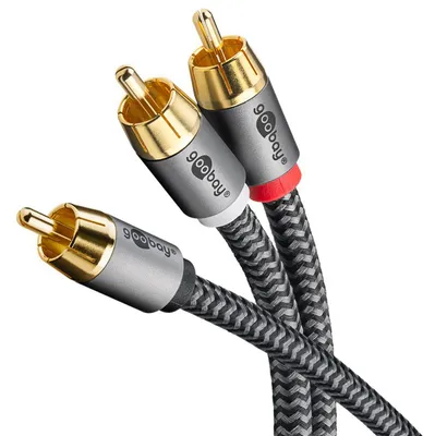 Image de Goobay 65302 Plus Series Câble RCA en Y, 5 m, 5 m, noir-argent - Prise RCA (woofer, centre) > 2x prise RCA (woofer)