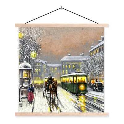 Produktbild von MuchoWow® Textilposter Gemälde - Ölgemälde - Winter - Straßenbahn - Pferd 60x60 cm mit holzfarbenen Rahmen - Wanddekoration
