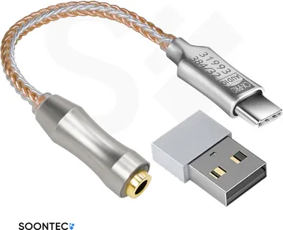 A product shot of a USB-C to 3.5mm audio adapter and a USB-A adapter.