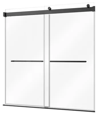 Immagine prodotto di Pannello doccia senza telaio per vasca da bagno SucceBuy, 1524x1524 mm, vetro temperato di 8 mm con design nero, porta scorrevole a due ante con maniglie in acciaio inossidabile e rivestimento nanotecnologico, ideale per vasche da bagno e docce