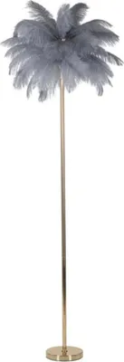A floor lamp with a gray feather shade and a gold pole and base.