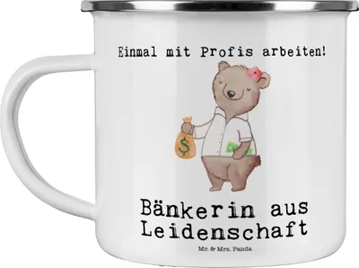 Produktbild von Mr. & Mrs. Panda Teetasse Bänkerin Leidenschaft - Weiß - Geschenk, Teebecher, Pott, Ausbildung, Danke, Blechtasse, Spruch, Beruf, Lustig, Emaille Tasse, Becher, Witzig