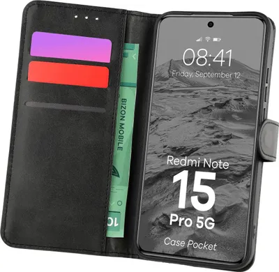 Produktbild von Handyhülle mit Klappe für Xiaomi Redmi Note 15 Pro 5G, Bizon Case Pocket, Schwarz