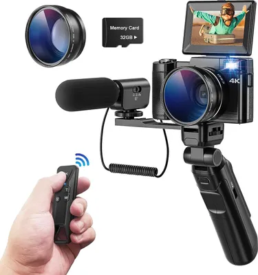 Produktbild von Fine Life Pro Digitálny fotoaparát 4K videokamera, 48MP fotofotoaparát, 16x digitálny zoom vlogovací fotoaparát so statívom a mikrofónom,32GB TF karta