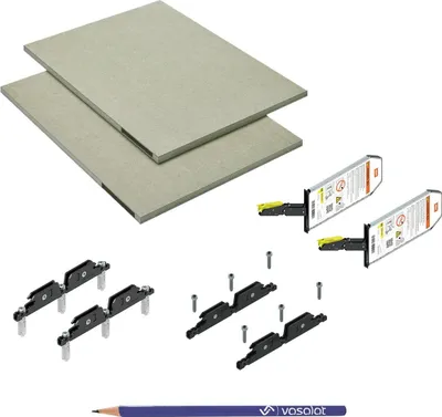 Produktbild von Blum Aventos HKi mit Blumotion vollintegriert, Kraftspeicher 24K2800 SET - Klappenbeschlag mit Montagezubehör und vorgefrästen Rohplatten + vasalat Bleistift, 5-teilig
