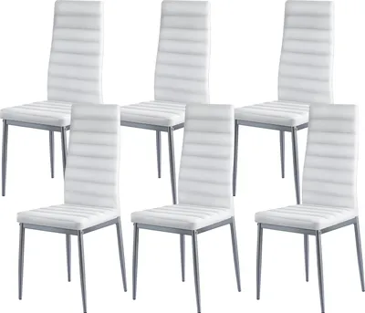 Image de SucceBuy Chaise de salle à manger moderne (lot de 6) au design élégant, en similicuir rembourré, structure stable (supporte jusqu'à 136 kg), idéale pour les tables de salle à manger, chaise de cuisine peu encombrante avec rembourrage confortable et pieds métalliques robustes, blanc cafétéria