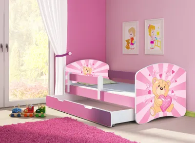 Obrázek produktu pro ACMA postel pro mládež dětská postel junior kompletní sada s roštem a ochranou proti vypadnutí matrace růžová 10 medvídek 160x80 + podstavec pod postel