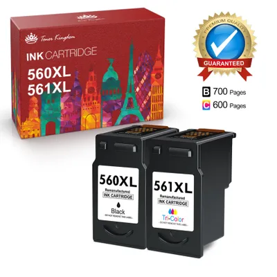 A product shot of ink cartridges and their packaging, along with marketing graphics.