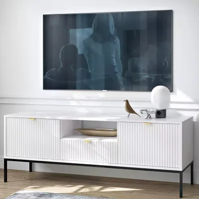 Produktbild von BETTSO Geriffelt TV-Schrank RTV-Schrank TV-Tisch Goldgriffe 2 Türen Schublade und Ablage NOVA 154 cm Weiß auf Schwarzrahmen