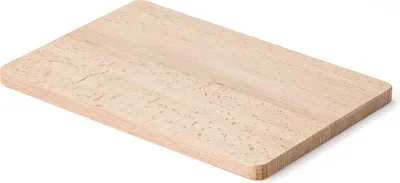 A light brown wooden cutting board is shown on a white background.