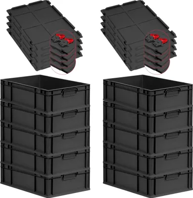 Produktbild von SuperSparSet 10x Eurobox NextGen Grip mit Scharnierdeckel und roten Schiebeschnappverschlüssen | HxBxT 17x40x60cm | 34 Liter | Schwarz | Griffe geschlossen | Eurobehälter, Transportbox, Transportbehälter, Stapelbehälter
