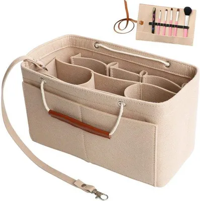 Produktbild von Beige Tote Organizer-Tas mit Griff und vielen Taschen, innere Tasche für Brieftasche, Taschenorganizer für Damen, groß (L)