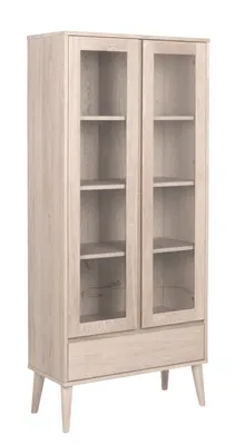 Produktbild von Naila Vitrine mit 2 Glastüren und 1 Schublade aus Eiche Furnier und massiv weiß gelaugte Eiche