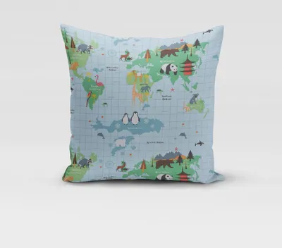 Produktbild von SCHÖNER LEBEN. Kissenhülle Fryett`s Kinder Weltkarte Tiere hellblau Größe 40x40cm (HxB) 40x40cm (HxB) Größe