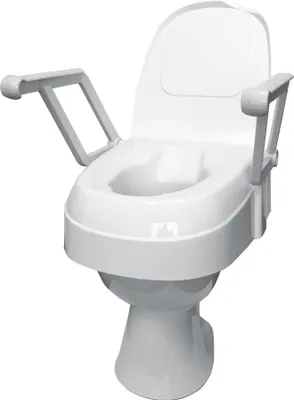 A white toilet seat riser with armrests, shown from a front-diagonal angle against a white background.