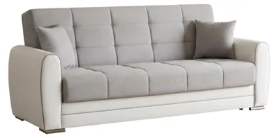 Produktbild von Schlafsofa Luis, 3-Sitzer-Container-Schlafsofa aus Kunstleder und Stoff, Wohnzimmersofa aus gepolstertem Stoff mit Klick-Klack-Öffnung, 220x84h91 cm, Weiß und Grau