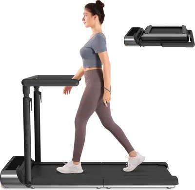 A woman is walking on a treadmill, with a folded treadmill shown in the upper right corner.
