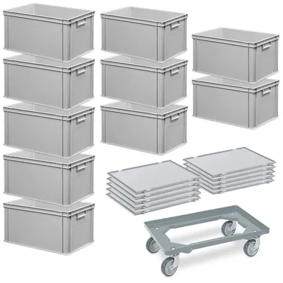 Produktbild von 10 Euroboxen, LxBxH 600x400x320 mm,grau + 10 Scharnierdeckel + 1 Transportroller