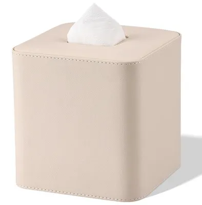 Immagine prodotto di Custodia in ecopelle per scatola di fazzoletti, forma quadrata, colore beige, dimensioni 14,7 x 14,7 x 15,2 cm
