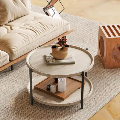 Immagine prodotto di Tavolino da salotto - Tavolino rotondo da 75 cm - Vani portaoggetti su 2 livelli - Piano in legno - Struttura in metallo - Per piccoli spazi - Kaki scuro