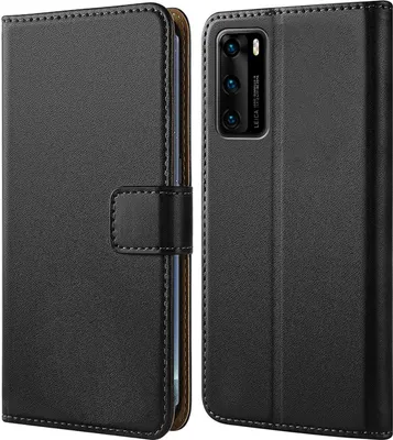 A black flip-style phone case for a Huawei P40 is shown from two angles.