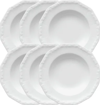 A set of six white Rosenthal Maria Weiss soup plates arranged in two rows.