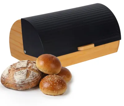 Produktbild von Relaxdays Brotkasten Bambus mit Klappdeckel, Brotaufbewahrung, HxBxT: 19 x 37,5 x 26,5 cm, Brotcontainer, schwarz/natur
