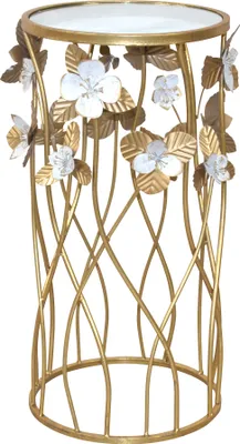 Produktbild von Beistelltisch Roland rund goldfarben 30x30x60 cm mit Spiegelglasplatte und Blätter-Blüten-Verzierung