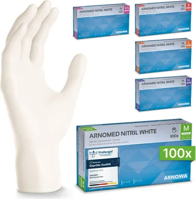 Produktbild von ARNOMED Nitril Handschuhe in Weiß, reißfest und langlebig, Größe M | Box (100 Stück)