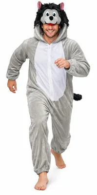 Produktbild von Wolfskostüm Herren Overall mit Kapuze – Tierkostüm Erwachsene Grau Einteiler – Karneval Fasching Verkleidung Tieranzug JGA Festival Kostüm Männer Wildtier, Größe:L