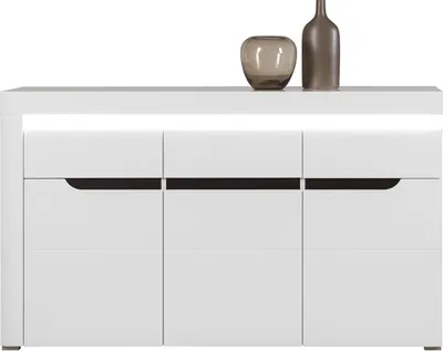 Produktbild von Furniture24 Kommode Irma IM4 Schrank Wohnzimmerschrank Sideboard mit 3 Türen 1 Schublade und Led Beleuchtug Weiß/Weiß Hochglanz