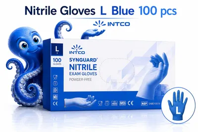 Zdjęcie produktu dla Rękawiczki nitrylowe bezpudrowe Intco niebieski 100 szt. rozmiar L jednorazowe ochronne
