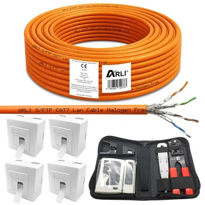 Produktbild von ARLI Cat7 Verlegekabel 50m + 4x Netzwerkdose + Werkzeug Set inkl. Crimpzange LSA Tester Messer