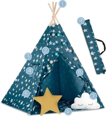 Image de Tipi Tente de jeu en coton Tente pour enfants avec 2 coussins Matelas éclairage - bleu