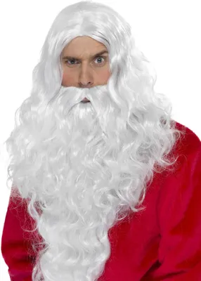 A man wearing a Santa Claus wig and beard, dressed in a red Santa suit.