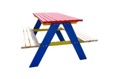Produktbild von azzap Garten Kindersitzgarnitur aus Holz, Bunt, mit Tisch & Bank, 90x85x50 cm (LxTxH), für 4 Kinder, vormontiert