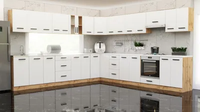 Zdjęcie produktu dla Blanco ® Meble kuchenne narożne Kuchnia narożna COSTA 6,8 m DĄB WOTAN/BIAŁY ZESTAW REGAŁ ANEKS SZAFKA BLAT