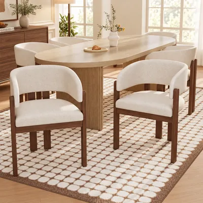 Image de 6 chaises de salle à manger en bois massif, confortables et respirantes, idéales pour les salles à manger, les salons, les cafés, de style moderne, avec un revêtement en bouclé