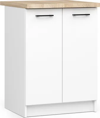 A white cabinet with a wood-look countertop.