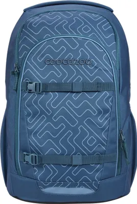 A blue backpack with a geometric pattern.