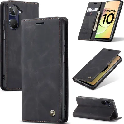 Produktbild von Realme 10 4G Hülle, Retro Kunstledertasche mit Standfunktion Schutzhülle für Realme 10 4G Schwarz