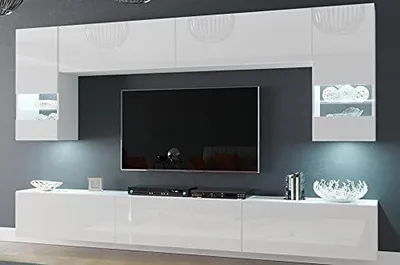 Produktbild von Furnitech Wohnwand Wohnzimmer - Wohnzimmer Möbel mit LED Weiß - Hängend Wohnwand Modern - Regale und TV Schrank (Future C79-HG-W2 1A)