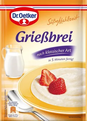 A product package for Dr. Oetker Griessbrei (semolina pudding) with an image of the prepared dish with strawberries and a jug of milk.
