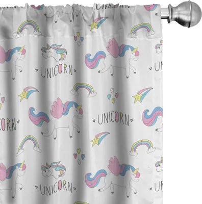 Produktbild von ABAKUHAUS Kindergarten Vorhänge, Gardinen, Repetitive Muster Unicorn-Party-Regenbogen-Herzen und Sterne auf Plain Kulisse, 2 Stück 75 x 175 cm, Mehrfarbig
