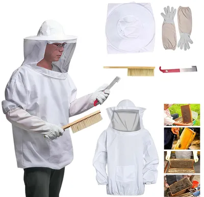 Produktbild von Imkeranzug, 4 teiliger Profi Imkeranzug mit Handschuhen Bienenbürste Schaber, Imkerei Anzug, Imker-Schutzanzug für Erwachsene