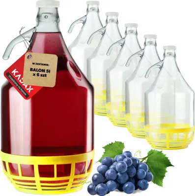 Obrázek produktu pro Skleněná kvasná láhev (Damejeanne) – sada 6 ks – 5 l – s košíkem – včetně uzávěru – vhodná pro potraviny