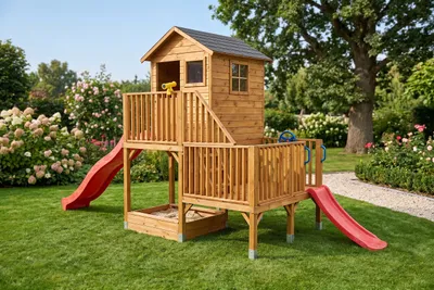 Produktbild von Holzgartenhaus 2 Rutschen Kinderspielhaus Spielhütte #4447
