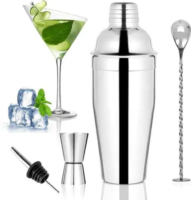 Immagine prodotto di Shaker da cocktail, 4 pezzi in acciaio inossidabile, ricettario, shaker per drink, grande 750 ml, set da barman per il bar di casa - Set per cocktail