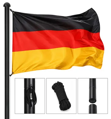 Image de Mât de drapeau Ikodm, 6,5 mètres, aluminium noir, avec drapeau allemand de 147 x 88 cm, 11 mètres de corde et manchon de sol